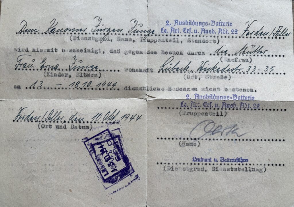 Jürgen Junge, Genehmigung für den Besuch der Mutter, Oktober 1944