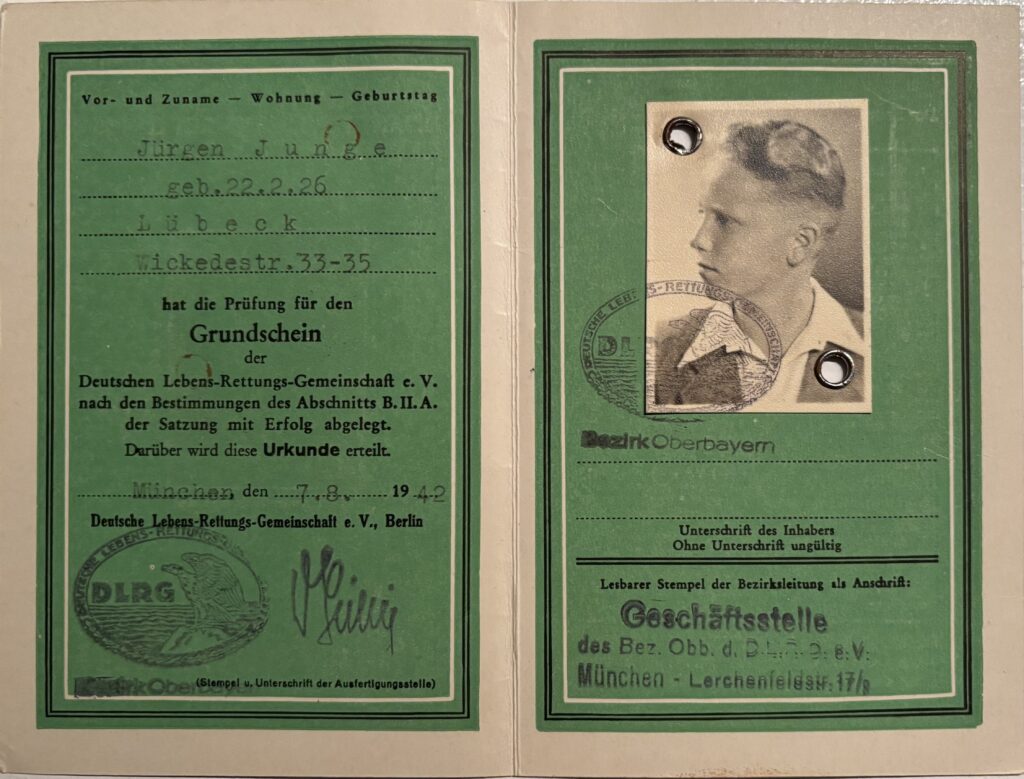Juergen Junge, DLRG, Lebensrettung, Grundschein, 1942