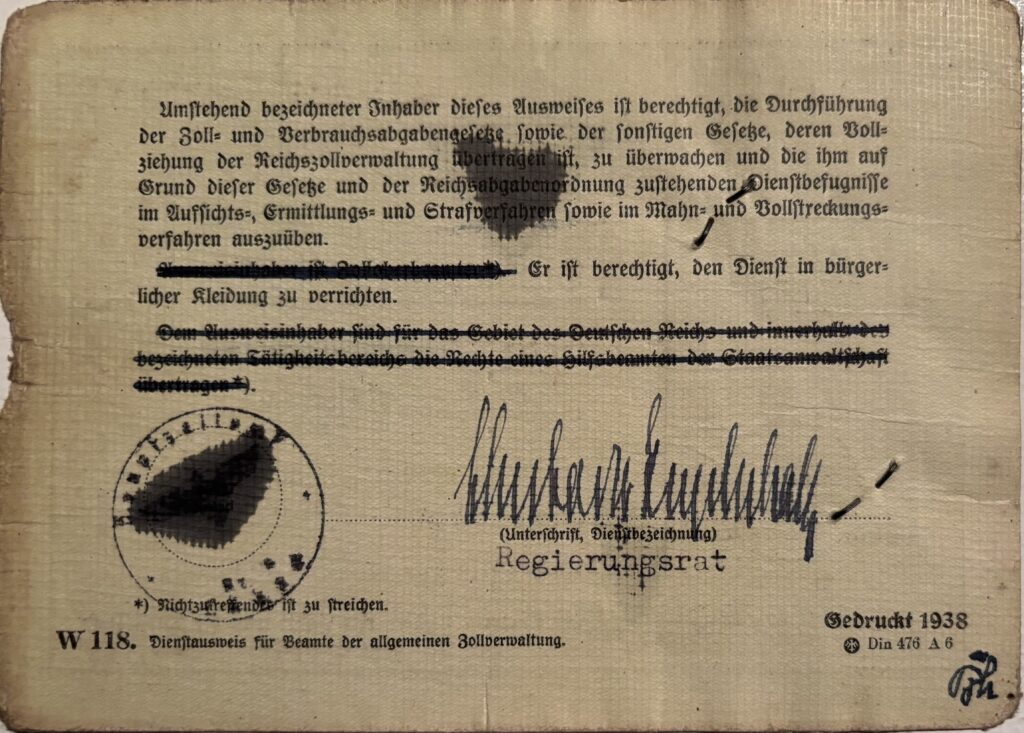 Jürgen Junge, Dienstausweis, Zoll, 1945