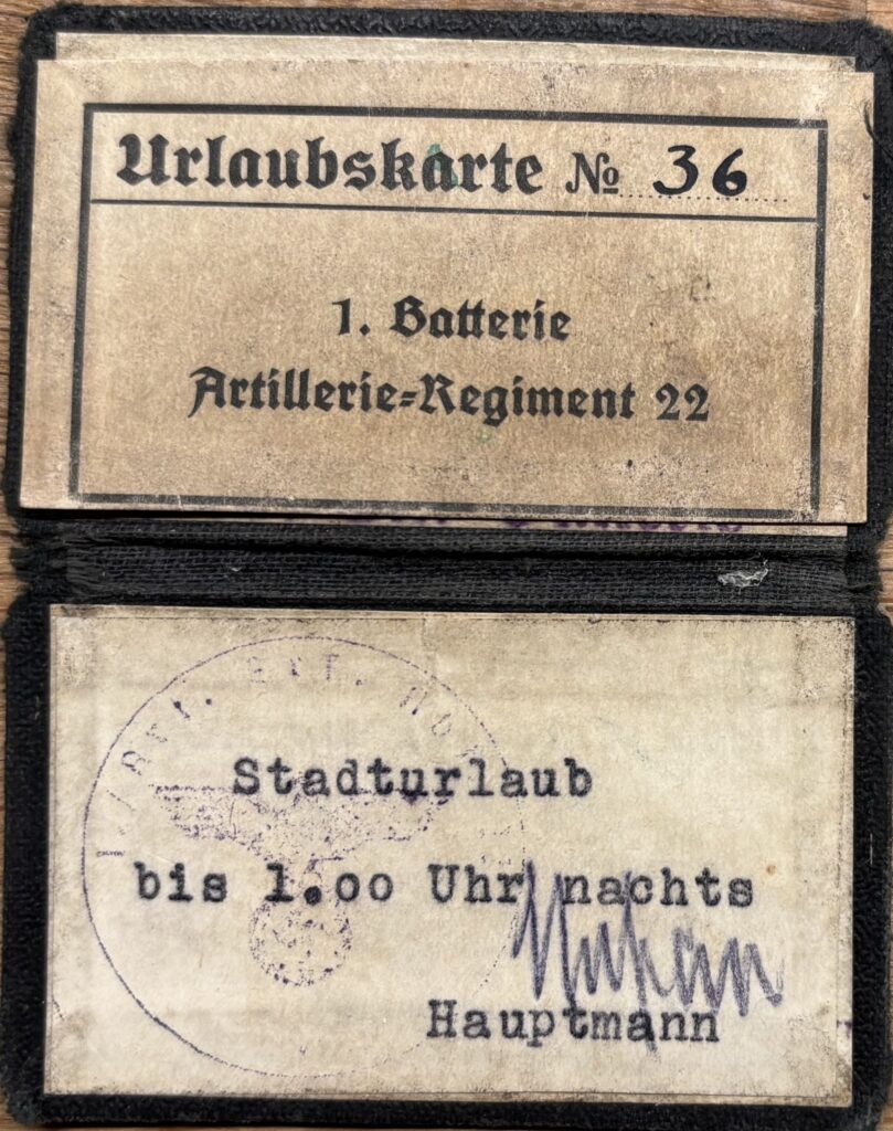 Jürgen Junge, Urlaubskarte des Artillerie-Regiments 22, 1944