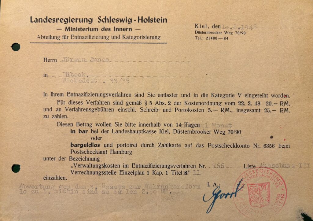 Jürgen Junge, Entnazifizierungsbescheinigung 1948, Kategorie 5