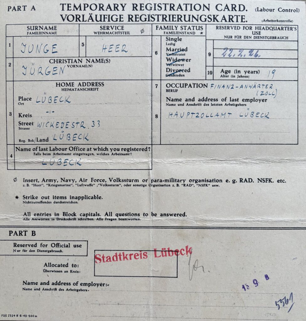 Vorläufige Registrierungskarte der britischen Verwaltung 1945